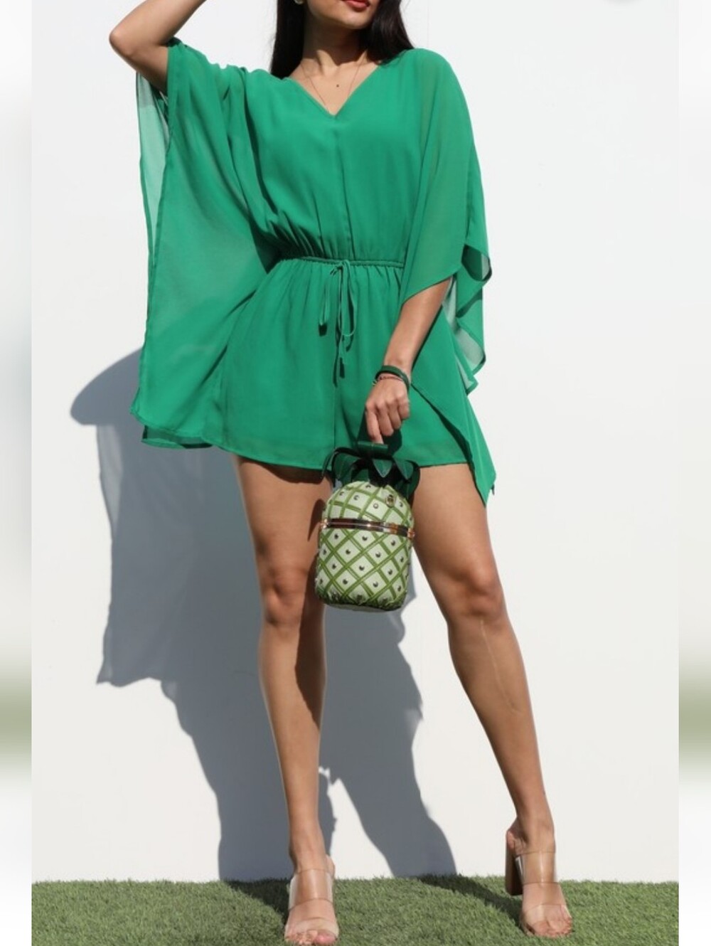 Green V-Neck Tie-Waist Chiffon Romper NWT